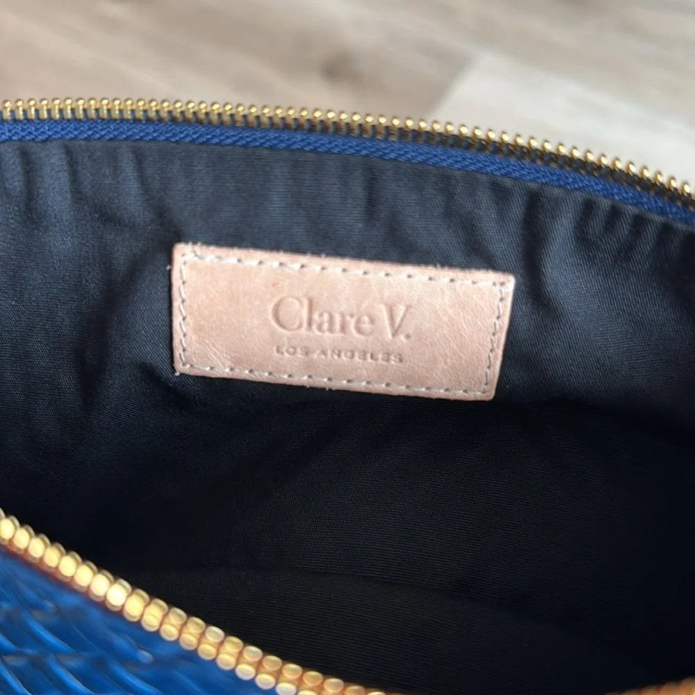 Navy Woven Fold-Over Clutch with Gold Zip Accent